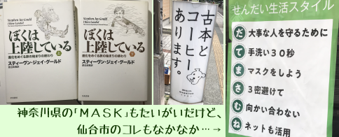 『ぼくは上陸している』書影・マゼランの看板・「せんだい生活スタイル」のポスター「だ：大事な人を守るために　て：手洗い30秒　ま：マスクをしよう　さ：３密避けて　む：向かい合わない　ね：ネットも活用(だ・て・ま・さ・む・ね)」神奈川県のMASKもたいがいだけど、仙台市のコレもなかなか…