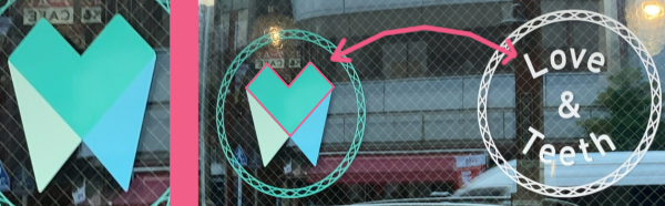 三種類の涼しげな青色の多角形で構成された奥歯のデザイン。引いて見ると奥歯の上の部分がハート型になっていて、横に書かれたロゴが「Love & Teeth」