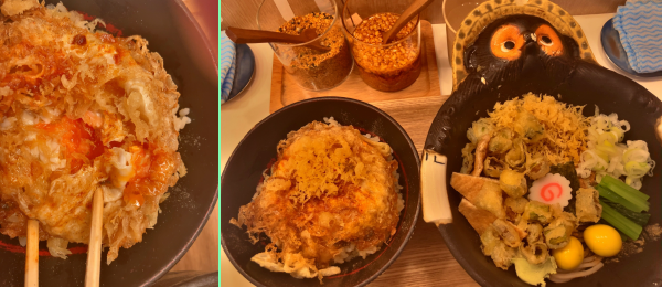 右画像:具沢山のタヌキそばに玉子丼。左画像:玉子丼のアップ。天ぷら風に衣を中に半熟の玉子が。